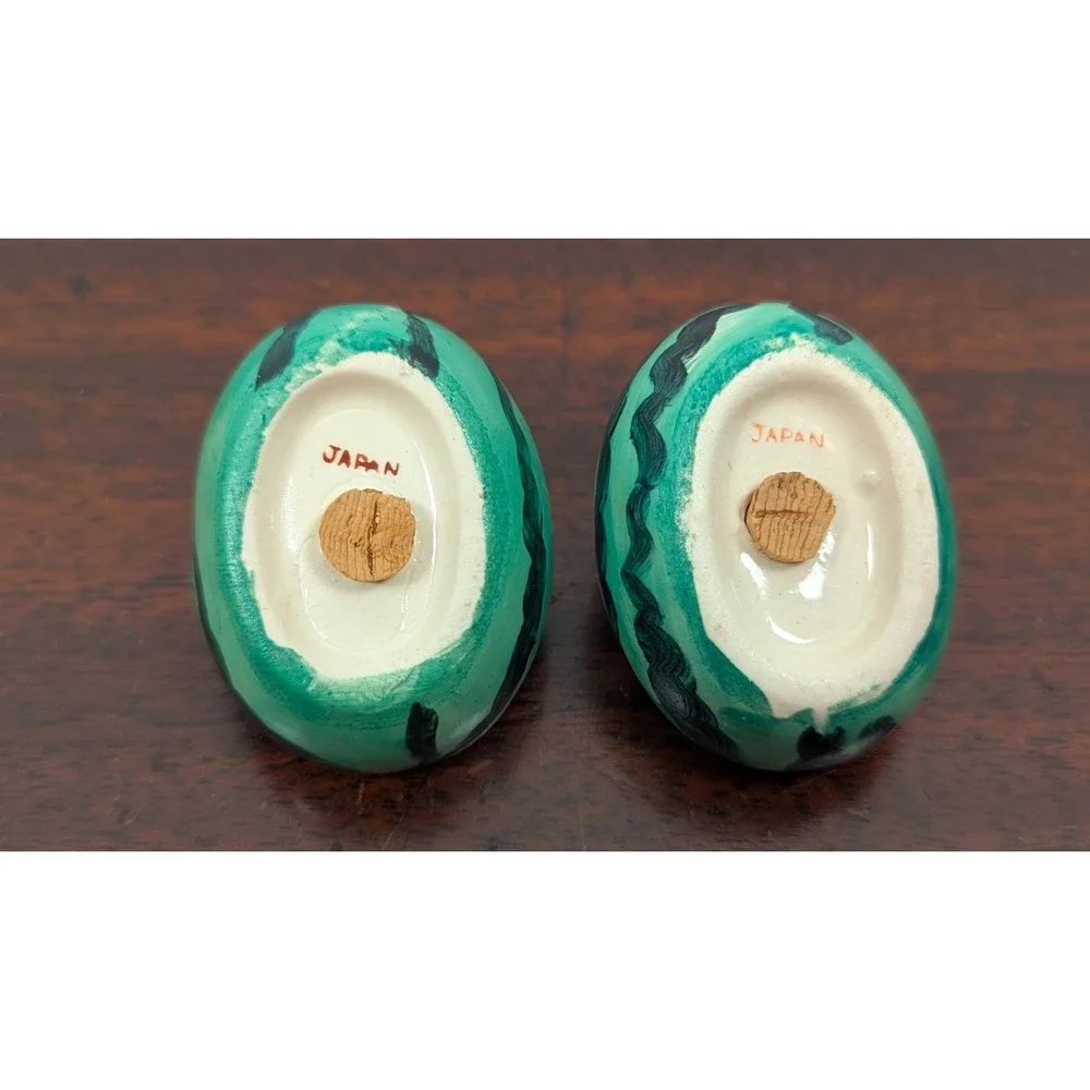 Vintage Japan Watermelon Salt Pepper Shakers Hand Painted Ceramic Cork Pair